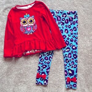 Penelope‎ Plumm Outfit Leggings Top Owl Animal Print Heart Bows Turquoise 6